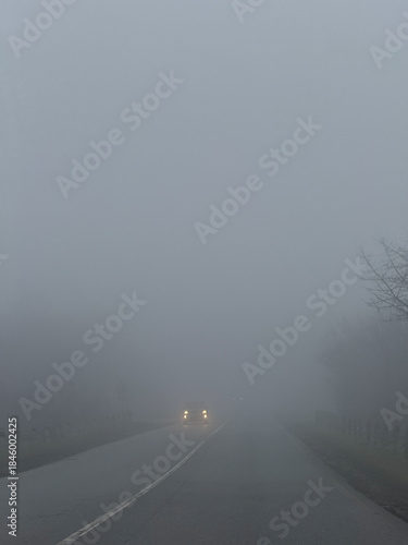 Car driving on rural road during dense fog