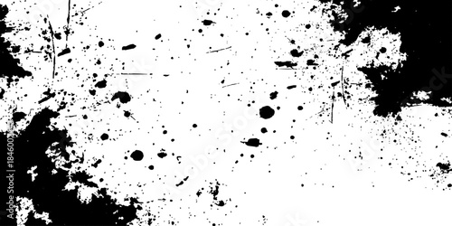 Abstract grunge background featuring a black ink splat pattern with paint spray drips and liquid splatter stains on a dirty paper texture vector illustration