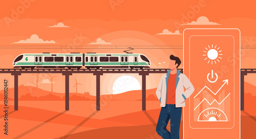 Man Standing Next to Train Illustration.