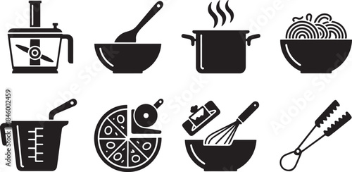 Black vector icons of kitchen utensils and food preparation items food processor bowl