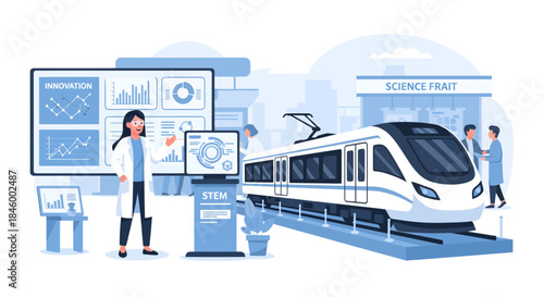 Modern Train with People and Data Screens.