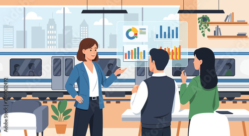 Three Colleagues Discussing Data in Modern Office.