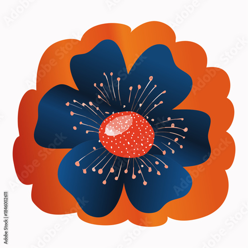 Stylized flower with blue petals, orange background, and red center with white stamen.