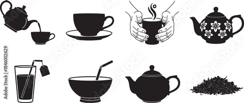 Collection of black vector icons depicting tea preparation and consumption teapot saucer
