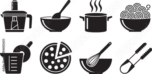 Black vector icons of kitchen appliances and food preparation tools cooking utensil