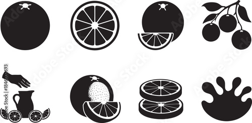 Collection of minimalist black vector icons depicting oranges and related elements fruit citrus