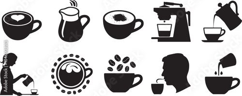 Collection of nine black vector coffee related icons and illustrations coffee cup latte