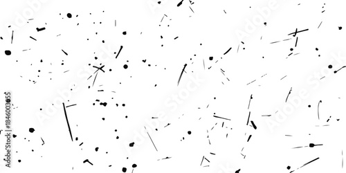 A grunge illustration of a black ink splat pattern with liquid paint splashes and dark flying bird stains on a light paper texture design