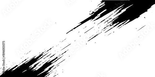 An abstract black ink splat and grunge splatter texture design featuring paint drips and spray spots as a dirty brush stroke illustration on a white background