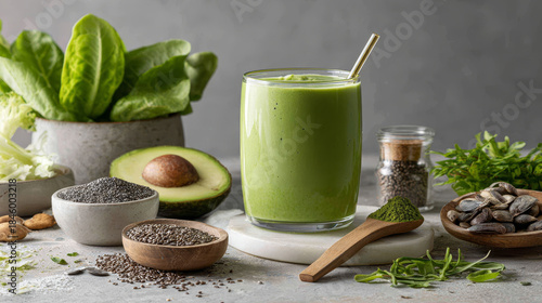 Probiotic and Prebiotic concept ,refreshing green smoothie with avocado, chia seeds, and leafy greens on marble surface
