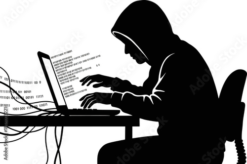 Hacker Silhouette Vector. Hooded Figure Typing on Laptop for Cybercrime and Data Theft Concept Isolated on White