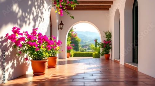 Sunlit mediterranean courtyard with vibrant pink bougainvillea and garden view