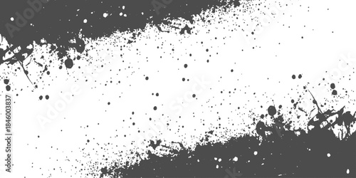 A grunge black ink splat background featuring a dirty liquid paint texture with artistic splatter drops and a vector design pattern on paper