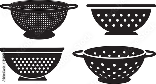Set of Kitchen Colander Strainer Bowl Silhouette Vector, Black and White Cooking Utensil Icon