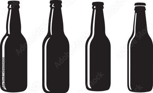 Set of Beer Bottle Silhouette Vector Illustration, Black and White Beverage Icon