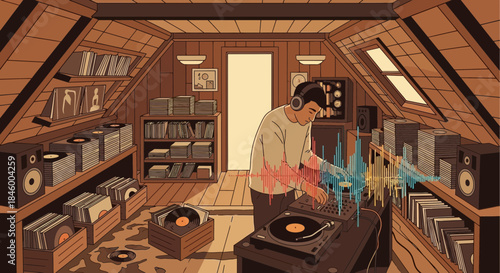 DJ Mixing Music in Studio Booth.