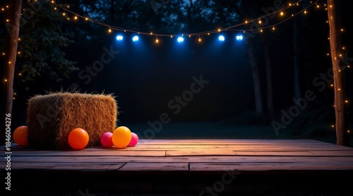 Easter eggs and hay bale under twinkling lights