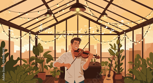Man Playing Violin in Conservatory Greenhouse.