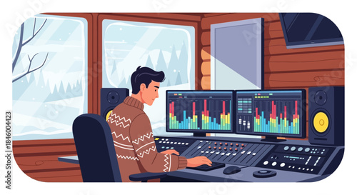 Man Working on Audio Mixing Console.