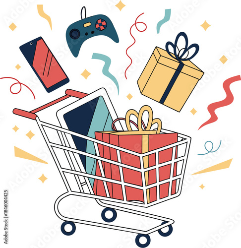 Digital Illustration of Shopping Cart Overflowing with Electronics and Gifts.