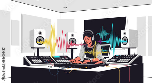 Music Producer Working on Soundtrack in Studio.