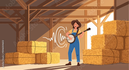 Woman Playing Banjo in a Barn.