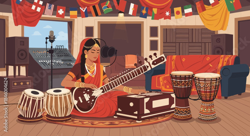 Woman Playing Veena in Traditional Attire.