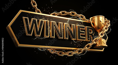 Golden WINER Typography with Trophy Chain and Electric Energy on Black Background