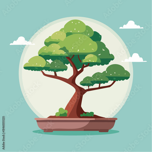 A cartoon illustration of a bonsai tree in a pot against a light blue background.