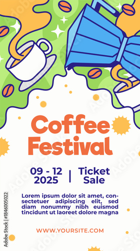 Colorful hand drawn coffee festival poster featuring moka pot, coffee cups, and beans in a playful layout. vibrant cartoon vector design ideal for events, promotions, flyers, and cafe marketing.