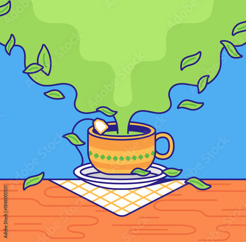 Cute hand drawn illustration of a hot tea cup with rising green steam and floating leaves on a table. colorful cartoon vector style perfect for wellness, nature, relaxation, and beverage concepts