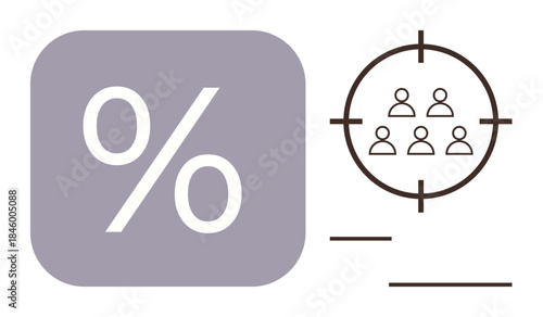 Large percentage symbol next to target containing group of people, signifying precision and audience targeting. Ideal for marketing, statistics, sales strategy, business analytics, audience
