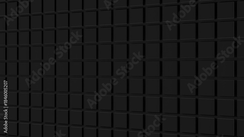 Modern 3D render of black square tiles viewed at a 45-degree perspective, creating depth and a sleek modernist geometric background.