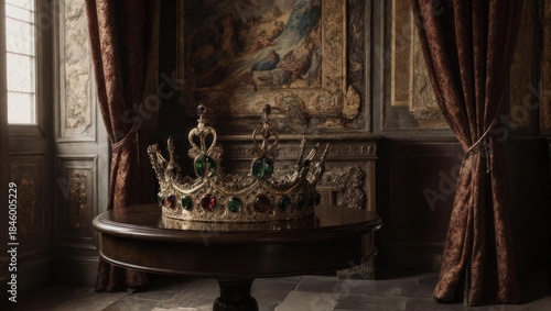 A detailed shot of a golden crown adorned with jewels sits on a table, historical interior