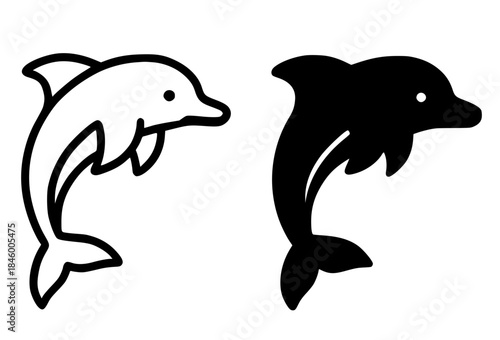 Seafood icon, dolphin illustration, black and white, outline and silhouette versions