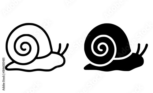 Snail illustration, black and white, outline and silhouette versions