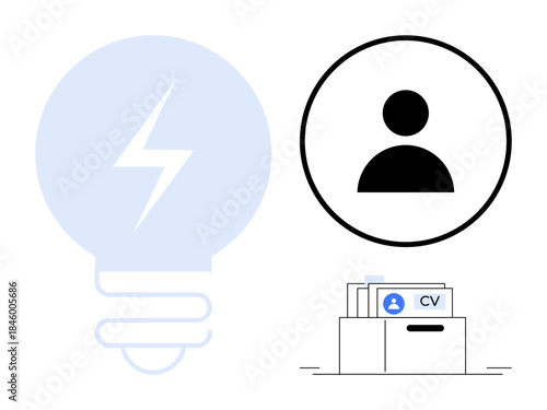 Recruitment concept. Recruitment ed by user icon and CV file, emphasizing candidate selection. Recruitment simplified with innovation by a light bulb. For HR, career management, job portals, business