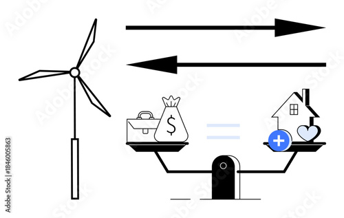 Renewable energy concept. Renewable wind power illustrated alongside balanced economies focused on finances and sustainable living. Renewable resources supporting economic equality. Perfect for clean