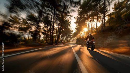 Motorcyclist accelerates rapidly down a tree-lined road during a golden sunset