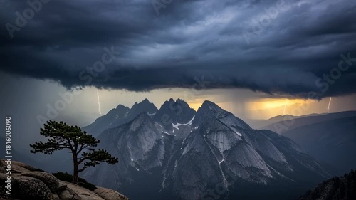 Dramatic lightning strikes mountains as storm rolls in, offering stunning nature views and dynamic weather patterns, creating powerful imagery