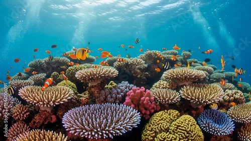Dive into a stunning underwater world teeming with vibrant coral reefs and colorful fish, a mesmerizing ocean ecosystem brimming with life and beauty