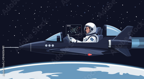 Astronaut in Spacecraft Flying Above Earth.