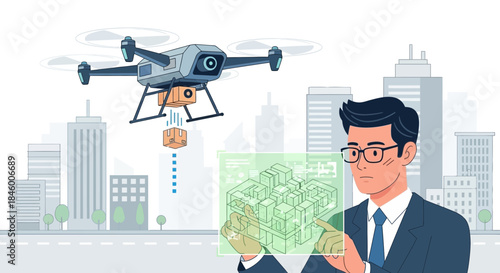 Man in Suit Holding Tablet with Drone.