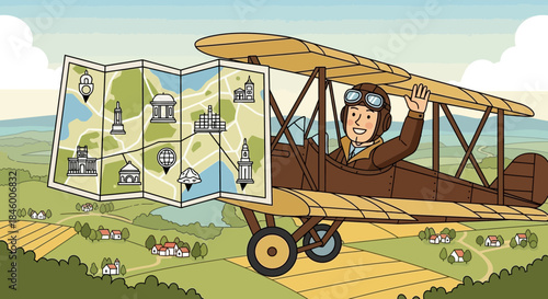 Pilot Flying Vintage Biplane with Map.
