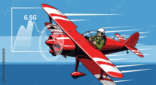 Red Biplane Aircraft Flying with Pilot.