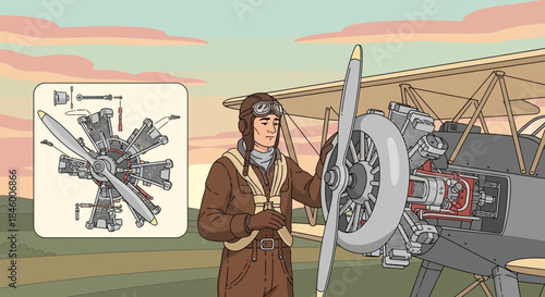 Pilot Standing Next to Vintage Airplane Engine.