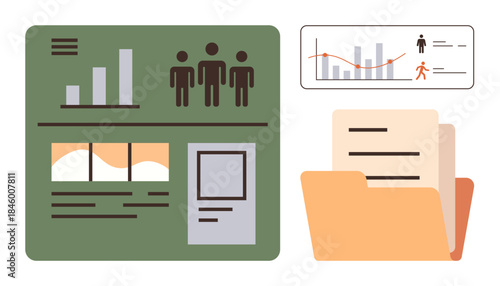 Bar charts, human figures, graphs, and a file folder with documents represent data analysis, business insights, organization, and tracking progress. Ideal for analytics, research management