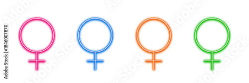 Neon glowing female gender symbol vector icons set, Venus, woman, girl, feminine, equality, vibrant colorful digital design on transparent background.