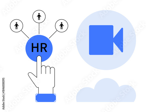 Recruitment, team management, virtual meetings, online collaboration, digital tools, cloud technology. Hand selecting HR on a network diagram. Recruitment and team management in focus