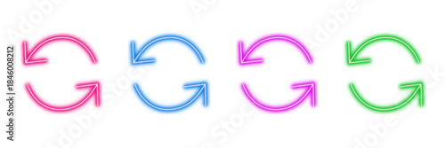 Neon glowing refresh reload vector icons set, update, recycle, synchronize, loop, cycle, arrow, UI UX, vibrant digital design.